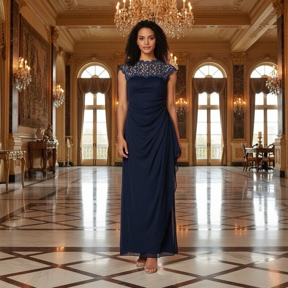 ALEX EVENINGS Blue Metallic Lace Back Cutout Ruched Gown Formal Gala Red Carpet